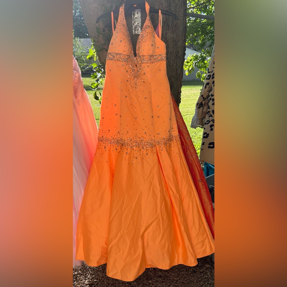 Mori Lee Vibrant Orange Beaded Halter Prom Gown